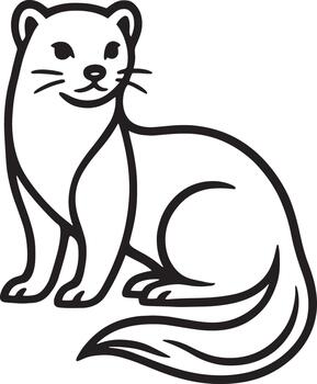 Simple line drawing of a cute weasel sitting and looking forward with a bushy tail vector