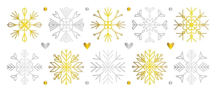 Gold and silver snowflake set, shiny gradient golden and chrome snow flake collection, decorative symbols in various shapes, glossy line winter cliparts vector