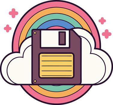 Retro floppy disk in cloud storage with vibrant rainbow design. vector
