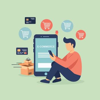 Man using smartphone for online shopping with various ecommerce icons vector