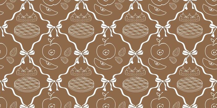 Refined Galette des Rois seamless pattern with crowns, pastries, apples, and bows with a white outline on a brown kraft background in coquette style. For packaging, wrapping paper and Epiphany design vector