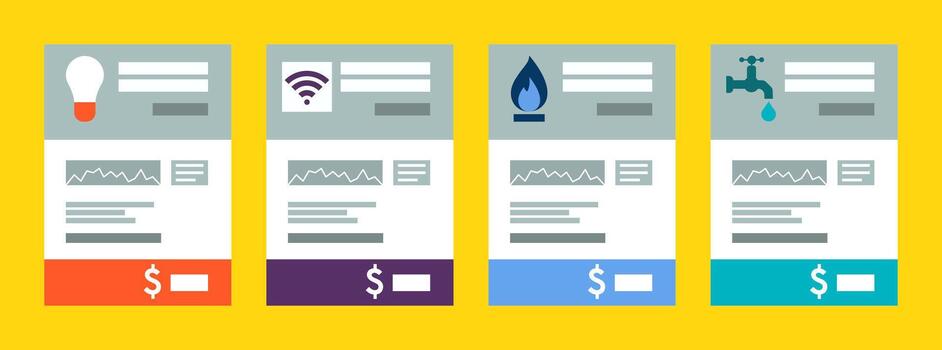 Four utility bills are arranged in a row against a vibrant yellow background. Each bill represents a different service, electricity, internet, water, and gas vector