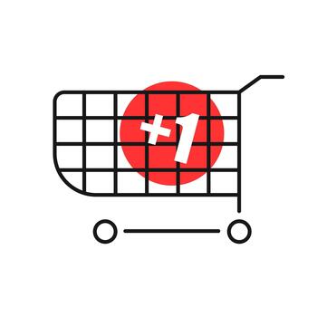 A shopping cart icon featuring a red circle and a plus one in a modern design. vector