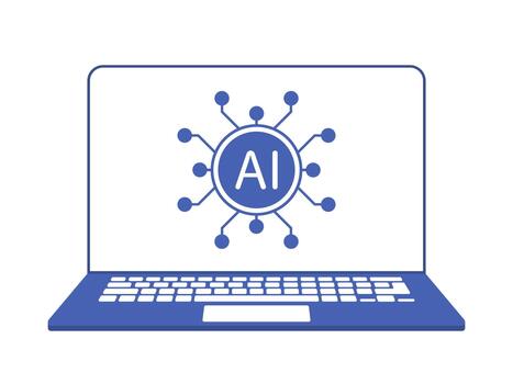 A laptop shows an AI symbol with connecting nodes, representing technology concepts. vector