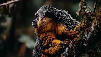 uma lado Visão do uma pequeno macaco com distintivo laranja e Preto pelagem, em repouso em uma musgoso árvore ramo no meio denso folhagem, observando Está arredores com perspicaz interesse video