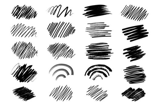 collection of 20 black hand-drawn scribbles, brush strokes, and hatching patterns on a white background. vector