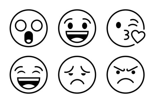 collection of six simple black and white emoji icons representing different emotions and expressions, arranged in two rows. vector