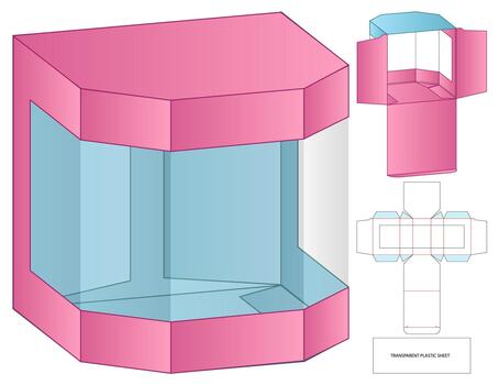 Transparent Plastic Box Dieline with Colored Net and 3D Assembly View vector