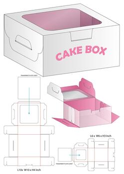 Cake Box Dieline with Handle and Transparent Window Multi Size Foldable Layout vector