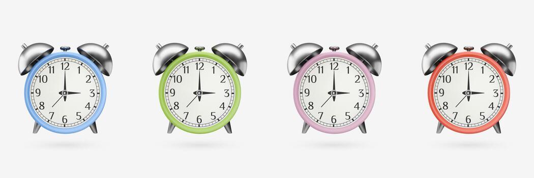 3D retro alarm clock with metallic bell. Realistic icon set. Isolated design elements vector
