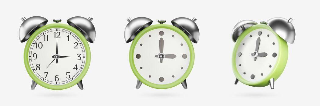 3D green alarm clock set. Realistic icons of retro timer with different clock faces. Design isolated on grey background for Time-management, Daylight savings time, business vector