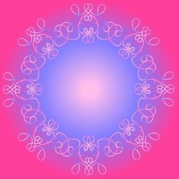 An original round frame with an openwork pattern in a linear style on a blue and pink background vector
