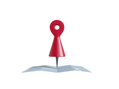 Red map pin marker on folded paper map, symbolizing navigation, location, and travel planning, isolated on transparency background, modern minimal style, concept of direction and destination png