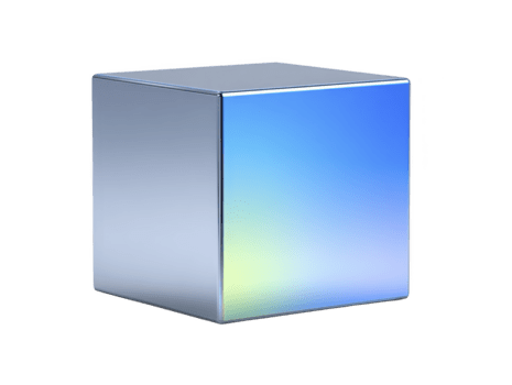 holographisch metallisch Würfel mit glatt reflektierend Oberfläche, Blau und Gelb Gradient, isoliert auf Transparenz Hintergrund, modern minimal Design, futuristisch und sauber ästhetisch png