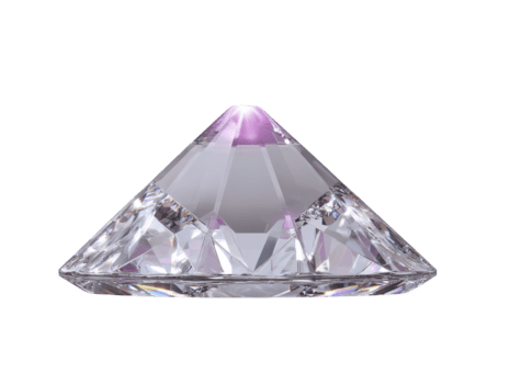 Transparent diamond shaped crystal with purple tint, cut in pyramid style, isolated on transparency background, reflecting light and displaying luxurious, elegant, and sparkling appearance png