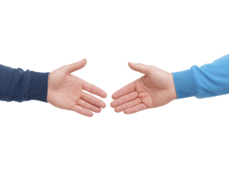Two hands reaching towards each other, isolated on transparency background, symbolizing connection, agreement, partnership, and support, with friendly and welcoming gesture png