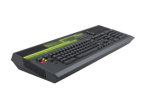Preto retro computador teclado com néon verde o circuito padrão, vintage eletrônico dispositivo, nostálgico tecnologia, isolado em transparência fundo, futurista, criativo, brincalhão png