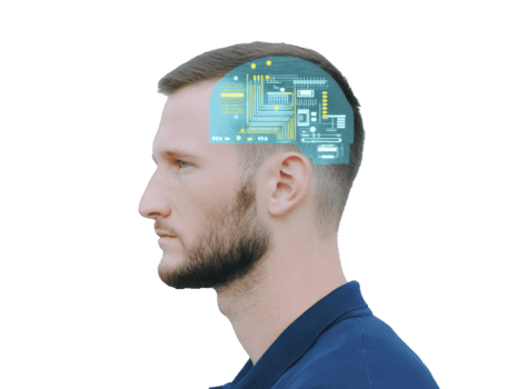 profilo di giovane uomo con digitale cervello circuito, simboleggiante artificiale intelligenza, tecnologia, e innovazione, isolato su trasparenza sfondo, futuristico e riflessivo espressione png