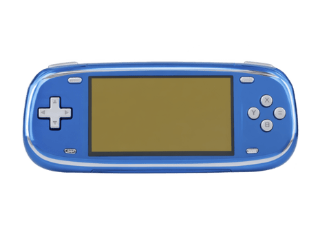 Blue handheld game console with blank screen, isolated on transparency background, retro portable gaming device, nostalgic and playful, buttons and controls visible, horizontal orientation png