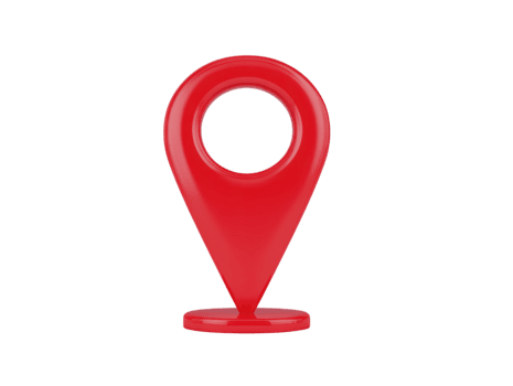Red location pin marker with circular hole in center, standing upright on transparency background, symbolizing navigation, direction, and travel, with modern and minimalistic style png