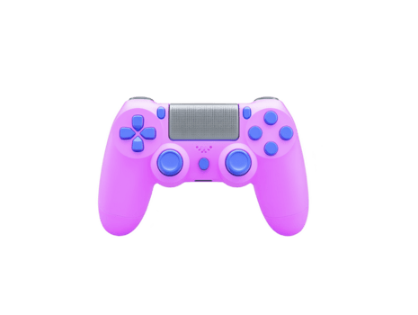Pink game controller with blue buttons, modern wireless design, isolated on transparent background, suitable for gaming, technology, and entertainment concepts, playful and vibrant style png