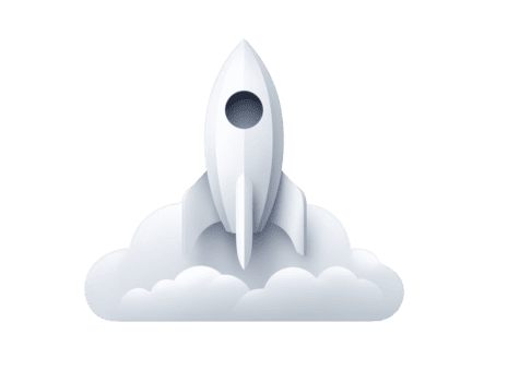 Rocket cloud launch white minimal icon illustration startup space technology. A white rocket icon launches above soft clouds symbolizing startup ambition and innovation in minimal modern style png