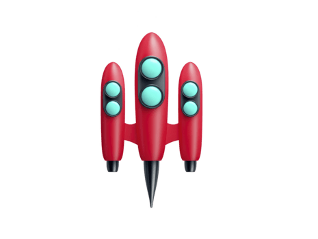 rosso razzo nave con tre motori e blu finestre, isolato su trasparente sfondo, futuristico e giocoso disegno, evoca eccitazione e avventura per spazio esplorazione concetti png