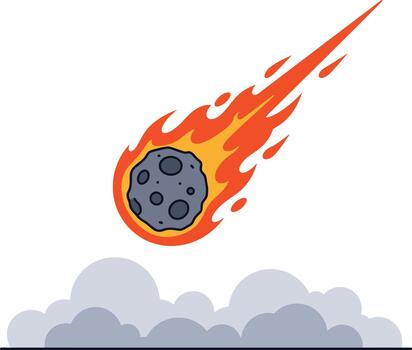 Cartoon illustration of a fiery meteor streaking through the sky towards impact, created in a clean flat style with simplified shapes and bold outlines vector