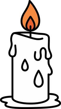 A minimal icon of a lit candle with melting wax drips. Stylized graphic with a simple glowing flame and thick outlines, isolated vector