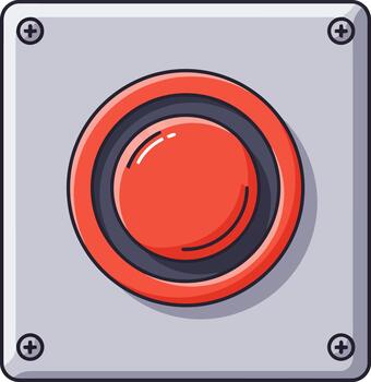 A bold contour illustration of a simple red push button on a screwed metal plate, perfect for concepts like alarm, start, or emergency alert in a flat design style vector