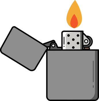 A minimal flat design of a lit classic metal lighter with a bright flame, featuring a thick outline and isolated on a clean white background vector