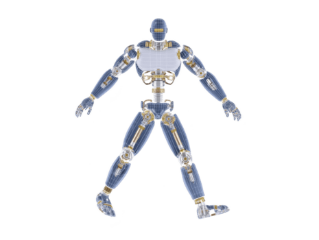 Transparent humanoid robot with visible mechanical joints, blue and gold accents, standing in dynamic pose, futuristic artificial intelligence concept, isolated on transparency background png