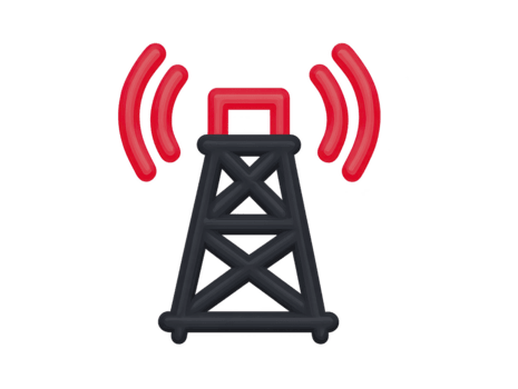 Communication tower icon with red signal waves, black structure, digital illustration, wireless technology, modern, isolated on transparent background, symbolizing connectivity and broadcast png