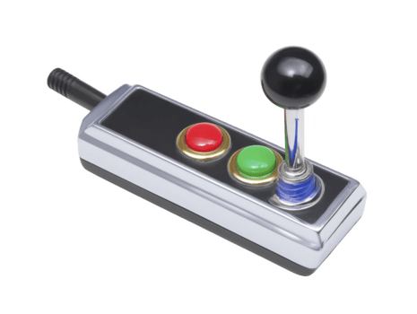 Retro arcade joystick with black handle, red and green buttons, and chrome finish, isolated on transparency background, evokes nostalgia and classic gaming excitement png