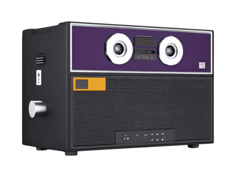 Retro audio player with purple front panel, large round speakers, vintage control knobs, mesh grille, and analog buttons, isolated on transparency background, nostalgic and stylish design png