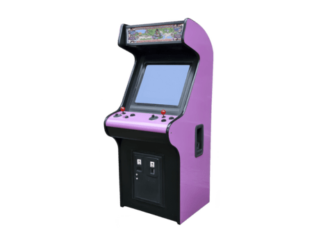 Arcade machine retro gaming cabinet pink color joystick button screen nostalgic entertainment classic game coin operated isolated on transparency background png