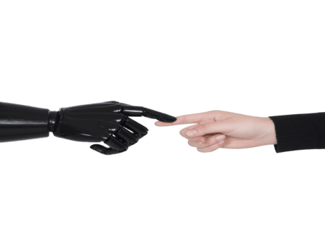 mänsklig hand rörande robot hand symboliserar förbindelse teknologi innovation artificiell intelligens och framtida samarbete isolerat på genomskinlighet bakgrund frammanande nyfikenhet och undra png