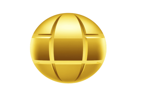 Golden globe icon with shiny metallic finish, symbolizing global network, internet, or worldwide connection, isolated on transparent background, modern and elegant design for web or digital use png