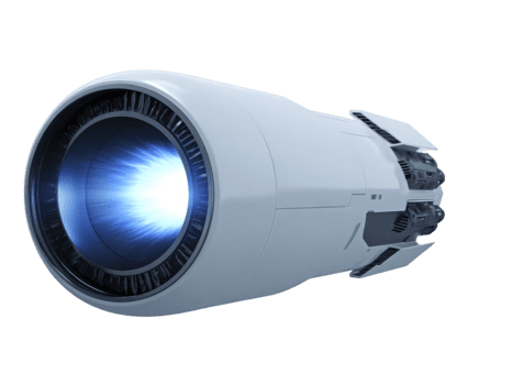 Futuristic jet engine with glowing blue core, advanced technology, metallic surface, and aerodynamic design, isolated on transparency background, innovation and power concept png