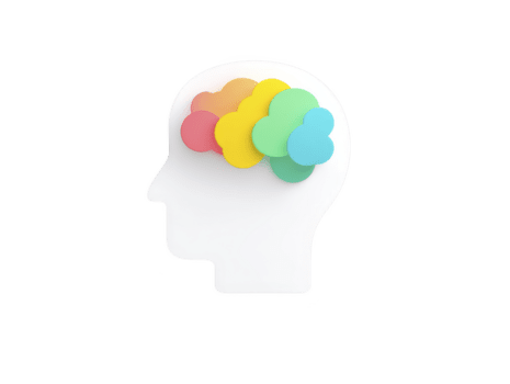 White head silhouette with colorful cloud shapes inside brain area, symbolizing creativity, imagination, and mental health, on transparency background, minimal and modern style png