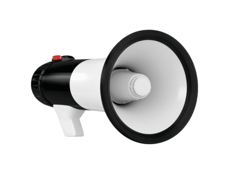 megafon högtalare med svart och vit kropp, röd knapp, och vit hantera, isolerat på transparent bakgrund, Begagnade för tillkännagivanden, kommunikation, och offentlig tala png