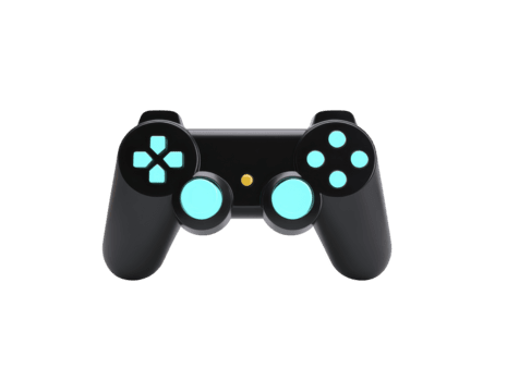 Black game controller with blue buttons, isolated on transparent background, modern design, suitable for gaming, technology, and entertainment concepts, playful and energetic mood png