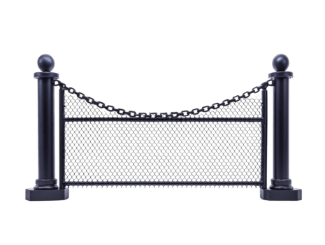 Black metal fence with chain and mesh, featuring two decorative posts, isolated on transparency background, suitable for security, boundary, or garden use, modern and sturdy design png