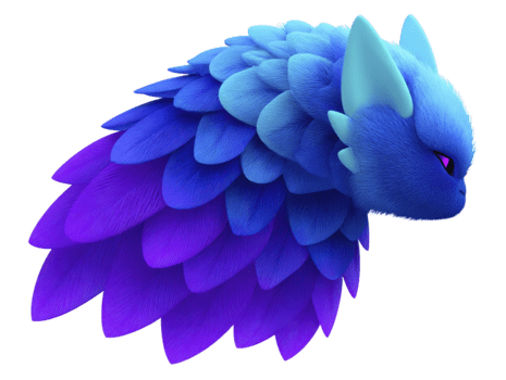 blu e viola fantasia creatura con morbido pelliccia, stratificato piume, e appuntito orecchie, visualizzazione mistico e capriccioso espressione, digitale illustrazione, isolato sfondo png