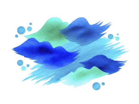 Abstract watercolor waves in blue and green tones with soft brush strokes and floating bubbles, creating calm and artistic ocean inspired background png