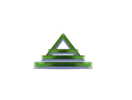 Green glass triangle pyramid with layered steps, modern geometric shape, 3D rendering, isolated transparent background, abstract design, futuristic and minimal style, reflective and glossy surface png