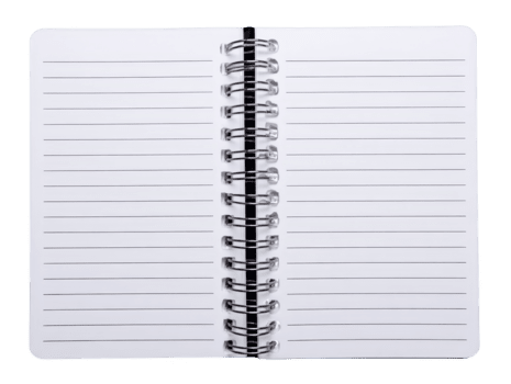 öppen spiral anteckningsbok med fodrad vit sidor, svart tråd bindande, och tom Plats för skrivande, idealisk för notera tar, journalföring, eller studerar, isolerat på genomskinlighet bakgrund png