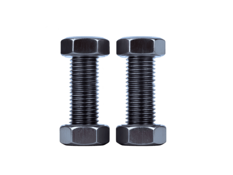 Two metal bolts with hexagonal heads and threaded shafts, arranged vertically on transparency background, industrial hardware concept, metallic texture, isolated object png