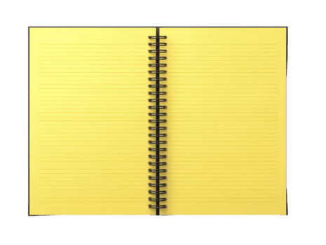 öppen gul spiral anteckningsbok med fodrad sidor, tittade från ovan, isolerat på genomskinlighet bakgrund, perfekt för notera tar, journalföring, eller skola använda sig av, skapande ljus och glad humör png