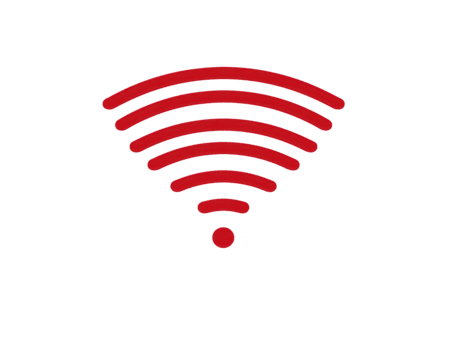 Red wireless signal icon with five curved lines and dot, symbolizing strong Wi Fi connectivity, isolated on transparent background, modern and minimalistic style png